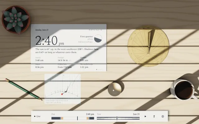 Desk, by daylight: A desk seen from above, lit by the real sun and moon for any place and time, with a working sundial, window-pane shadows and a ray-marched WebGL scene.
