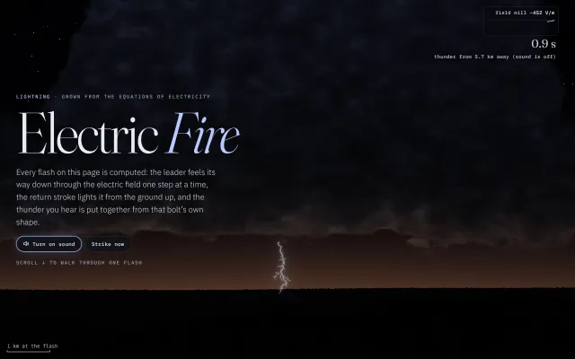 Electric Fire: Lightning and thunder computed from the physics: a leader grown through the electric field, the return stroke, and thunder built from the bolt's shape.