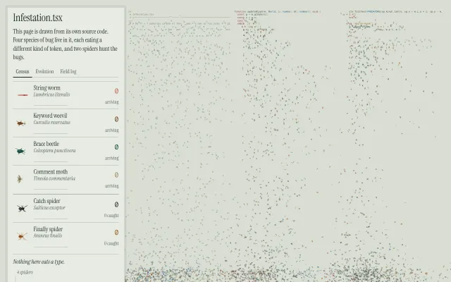 Infestation: A page that draws its own TypeScript source, then lets four species of bug eat it token by token while two spiders hunt them and their genes drift.