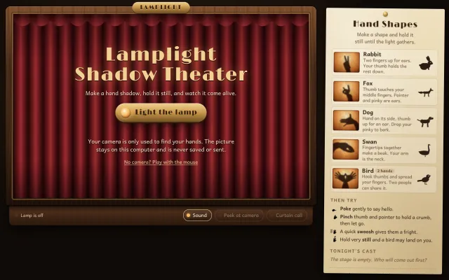 Lamplight Shadow Theater: Make a hand shadow in front of your webcam, hold it still, and it peels off the paper screen as a fox, rabbit, dog, swan or bird with a name and a mood.