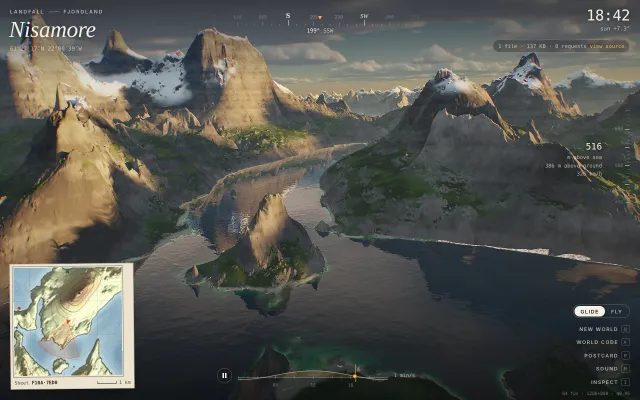 Landfall: A world you can glide or fly over, raymarched from a 32-bit seed: terrain, physical sky, water, clouds and a generative score, in one HTML file.