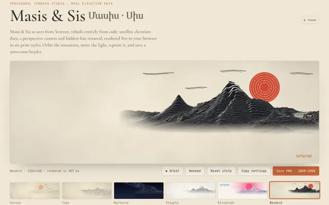 Masis & Sis: Ararat's two peaks, Masis and Sis, rebuilt from real elevation data and drawn live in six print styles, from engraved ridgelines to risograph and woodcut.