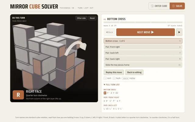 Mirror Cube Solver: Paint a mirror cube's sticker thicknesses onto a net and get a turn-by-turn solution, played out on a 3D model built to the cube's real shape.