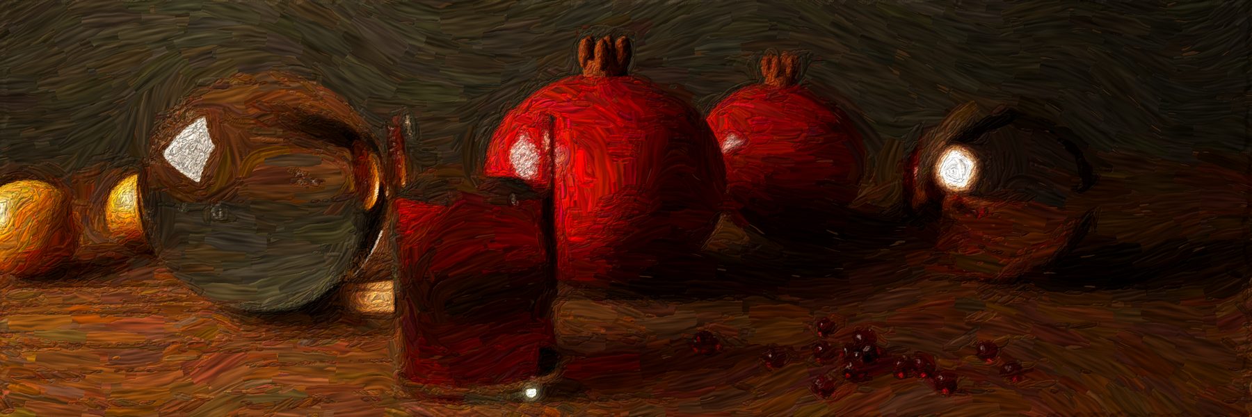 The pomegranate still life painted with thick impasto strokes