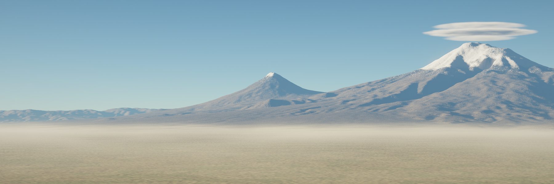 Photographic render of Ararat at golden hour with haze and a lenticular cloud