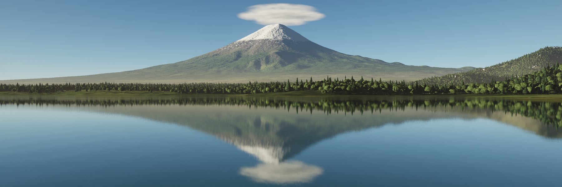 Photographic render of Mount Fuji reflected in Lake Kawaguchi with a lenticular cloud and shoreline forest