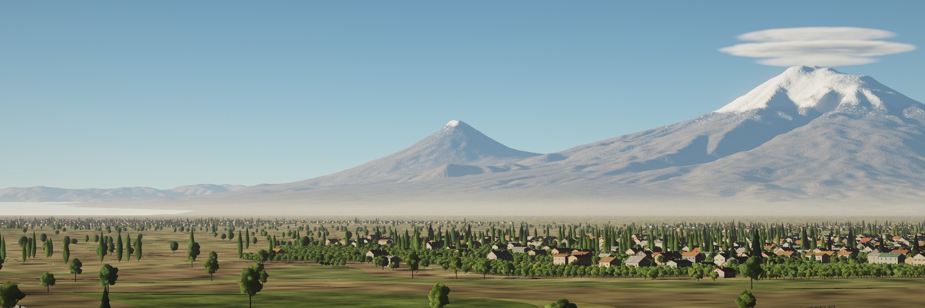 Ararat behind orchards, poplar rows and villages