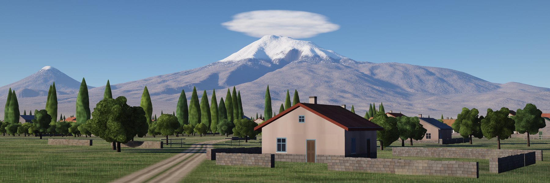 A dirt lane past a stone-walled house, orchards and poplar rows, with Ararat and Little Ararat behind