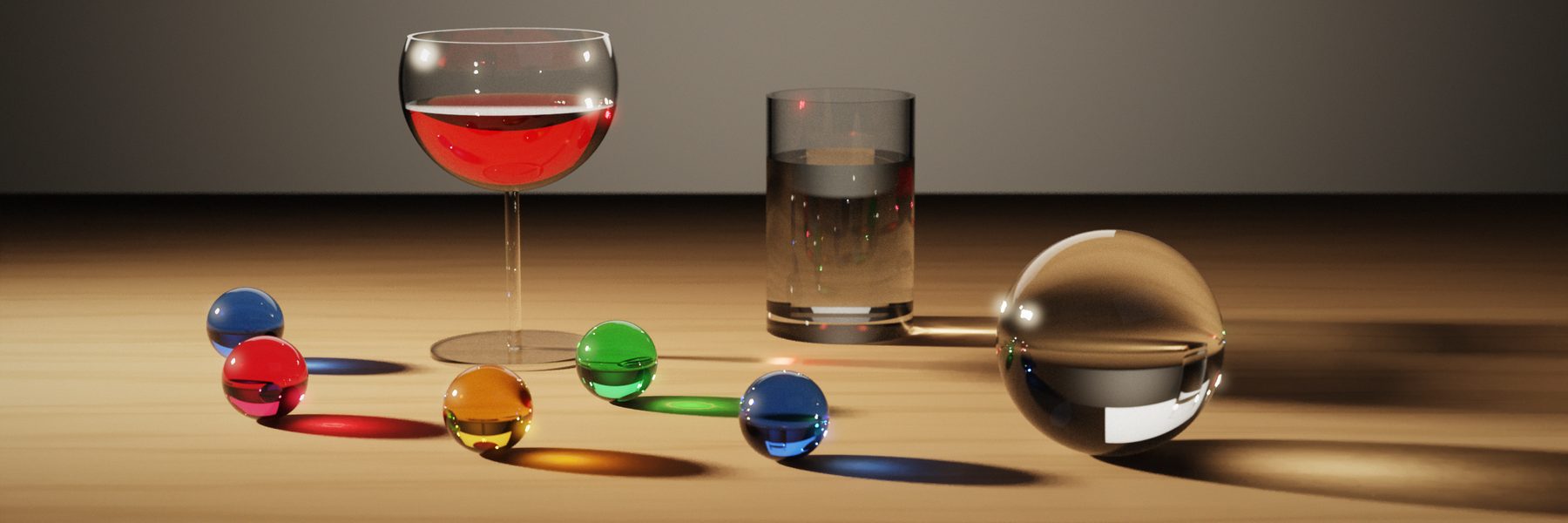 Path-traced wine glass, water tumbler, crystal ball and coloured marbles casting coloured caustic shadows