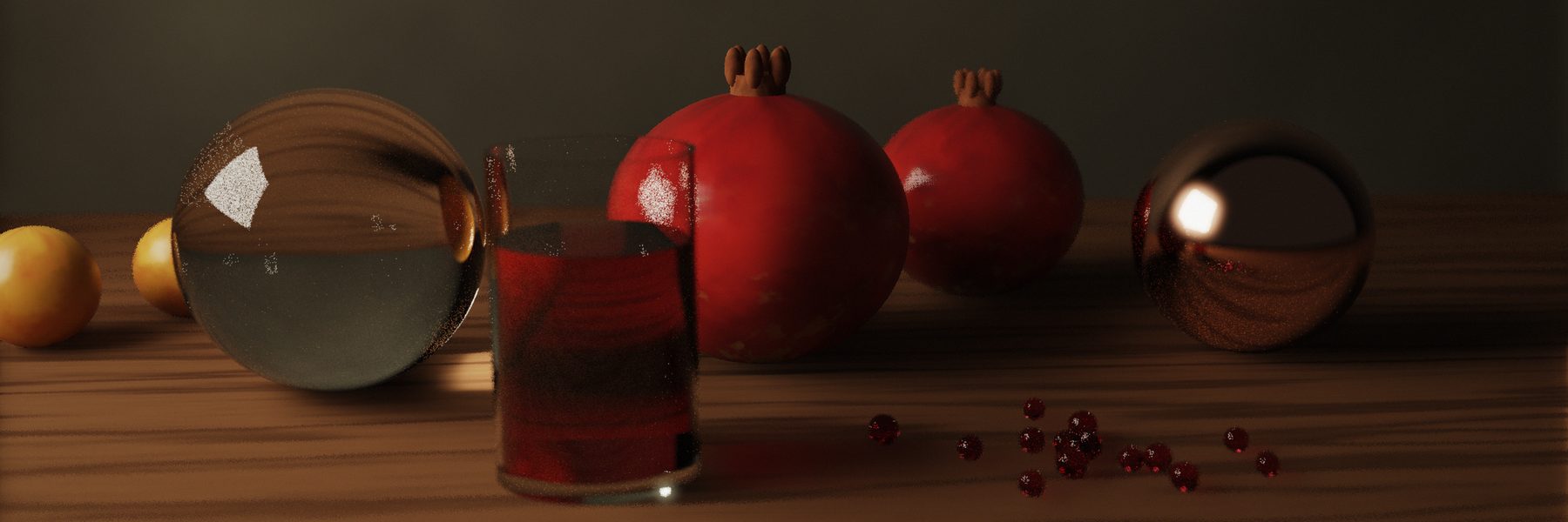 Path-traced crystal ball, glass of pomegranate juice, pomegranates and a copper sphere