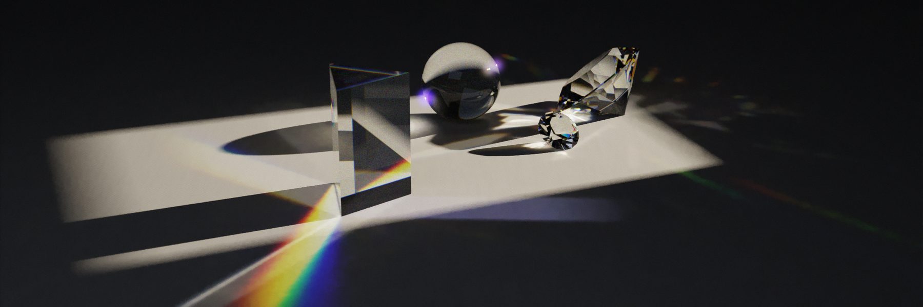Path-traced prism splitting a window's sunlight into a rainbow on linen, with a crystal ball and cut gems